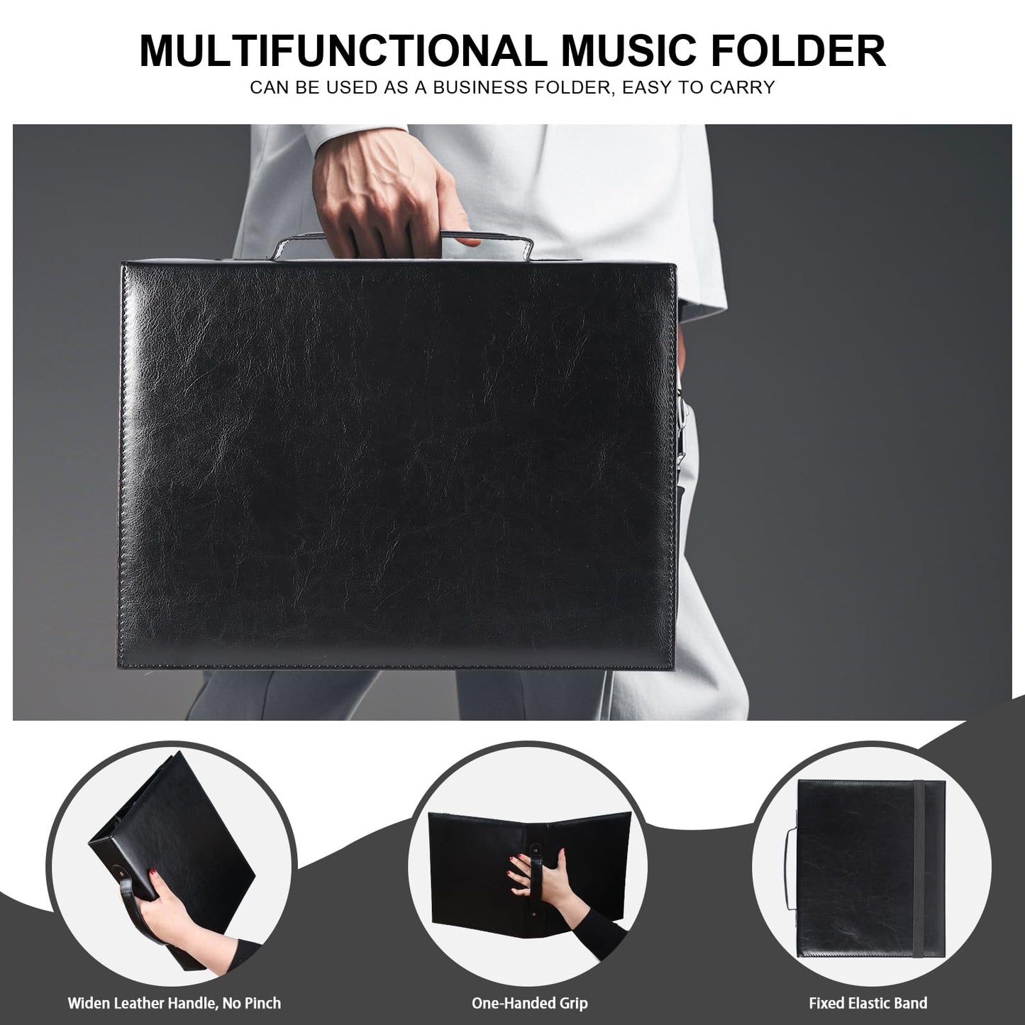 Choral Sheet Music Folder Organizer: 3 Ring Piano Music Binder with Plastic Sleeves - PU Leather Choir Folders with Hand Strap Elastic Band Fits Letter Size 8.5 x 11 inch, Black
