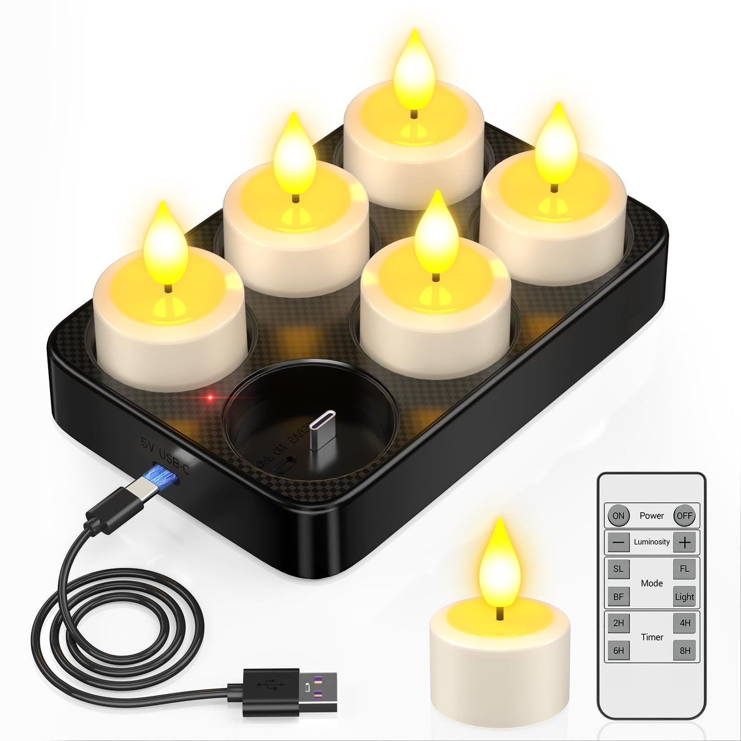 PChero Rechargeable Flameless Candles with Remote Timer & Charging Base, Long Lasting LED Tealight Battery Operated Flickering Candles for Home Decor Wedding Halloween Christmas, 6 Pack
