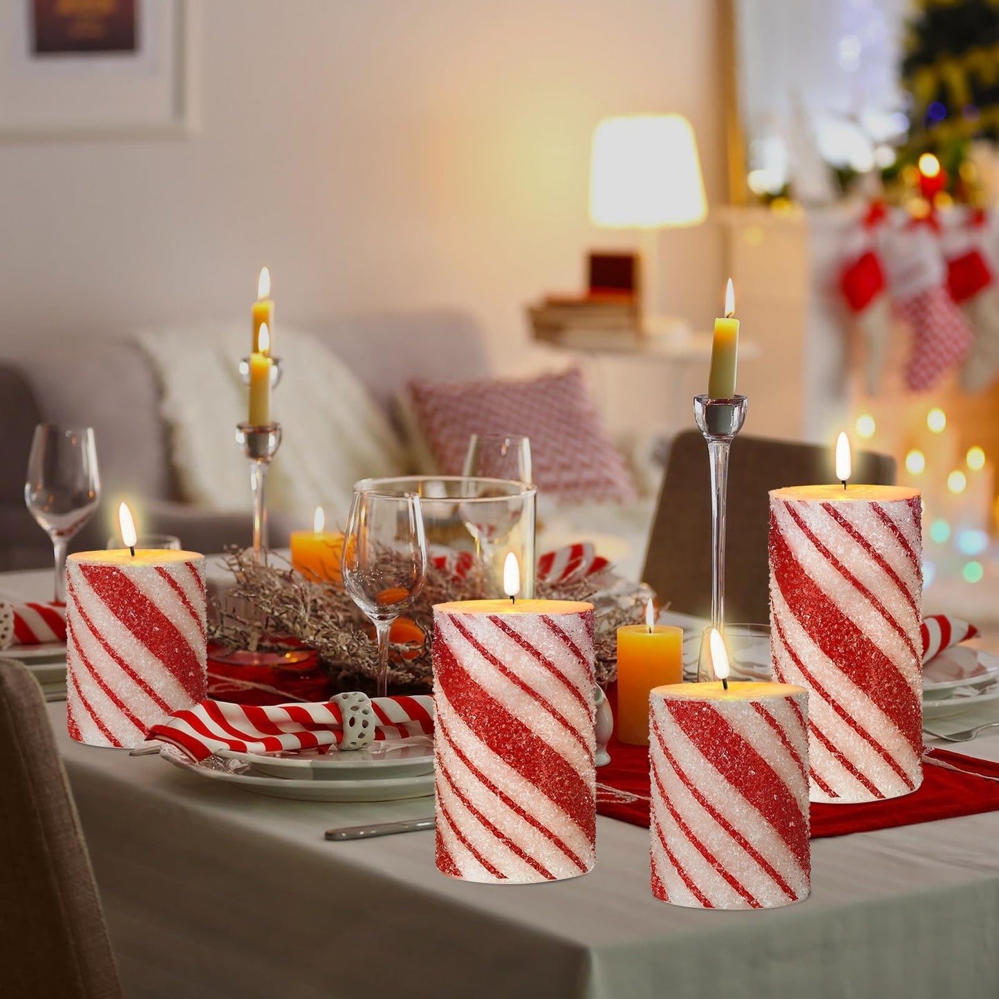 Lonfliness 5 Pcs Christmas Stripe Flameless LED Candles 6 Inch Christmas Candy Cane Candles with Sea Salt Granules Battery Operated Flickering Candlestick for Xmas Holiday Party Wedding Decor