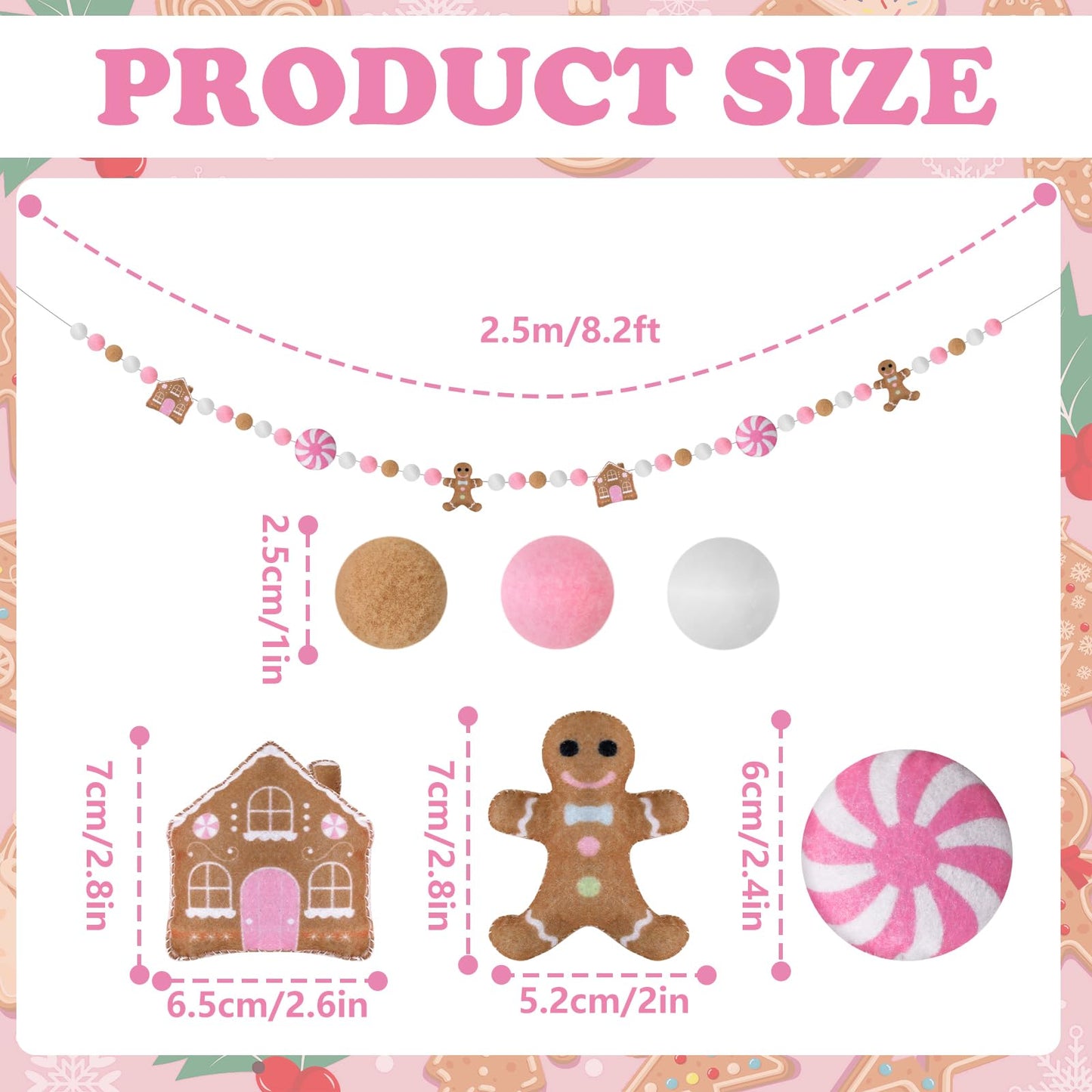 JarThenaAMCS 8.2Ft Christmas Felt Banner Cute Gingerbread Man Candy House Hanging Garland Pink Brown White Pom Ball Banner for Xmas Holiday Home Mantel Wall Decor