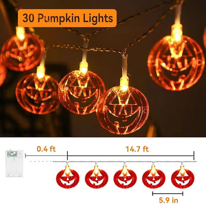 ITICdecor Halloween Pumpkin String Lights Battery Operated 15Ft 30 LED Orange Pumpkins Fairy Light Indoor Outdoor for Halloween Thanksgiving Fireplace Party Patio