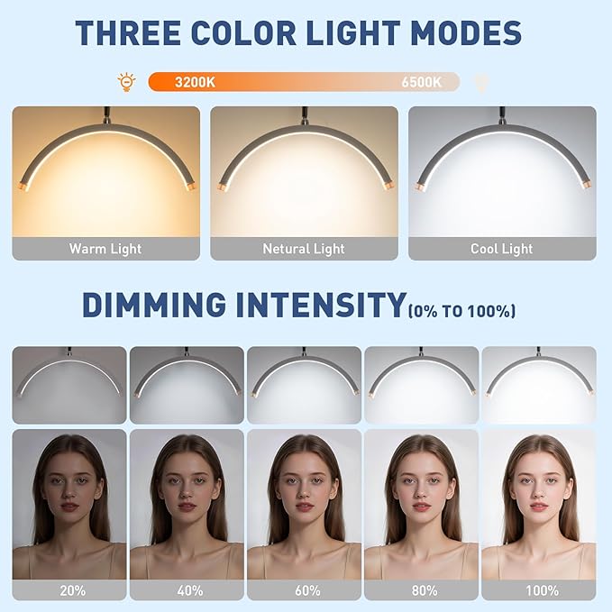 KIRKAS Lash Light Half Moon Lamp with Tool Tray, Flexible Gooseneck Lash Nail Tech for Esthetician Eyelash Extension, Tattoo, 18 Inch LED Floor Lamp with Roller Base Adjustable Brightness Color-White