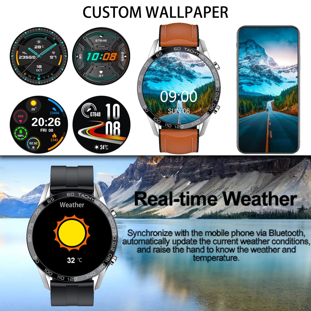 FILIEKEU Leather Men Smart Watch for Android iOS, Bluetooth Calls Voice Chat with Heart Rate Fitness Tracker, 1.3" Full Touch Screen IP67 Waterproof Silicone Activity Tracker for Men