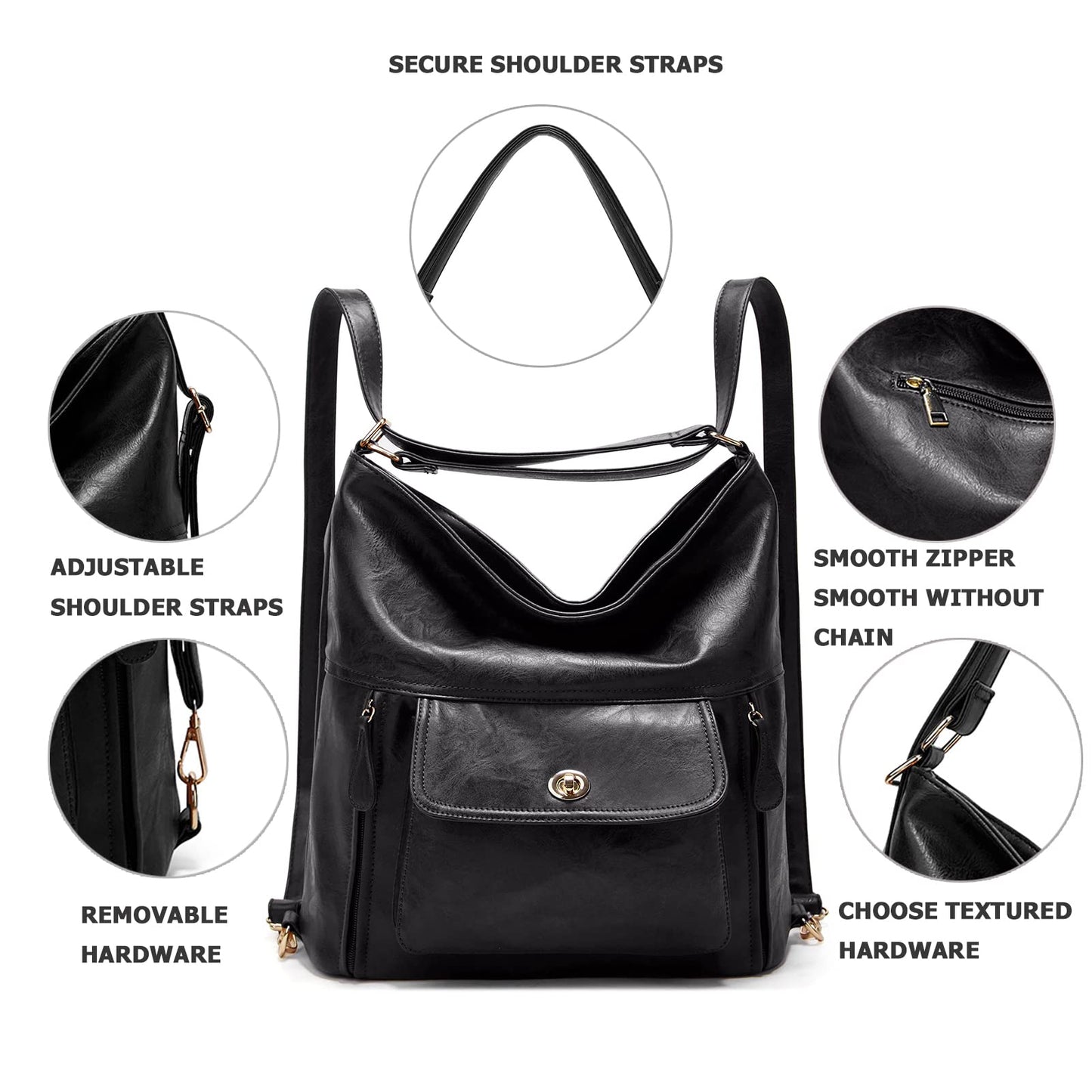 myfriday Vintage Leather Fashion Backpack Purse for Women Large Capacity Convertible Backpack Travel Daily Daypack (Black)