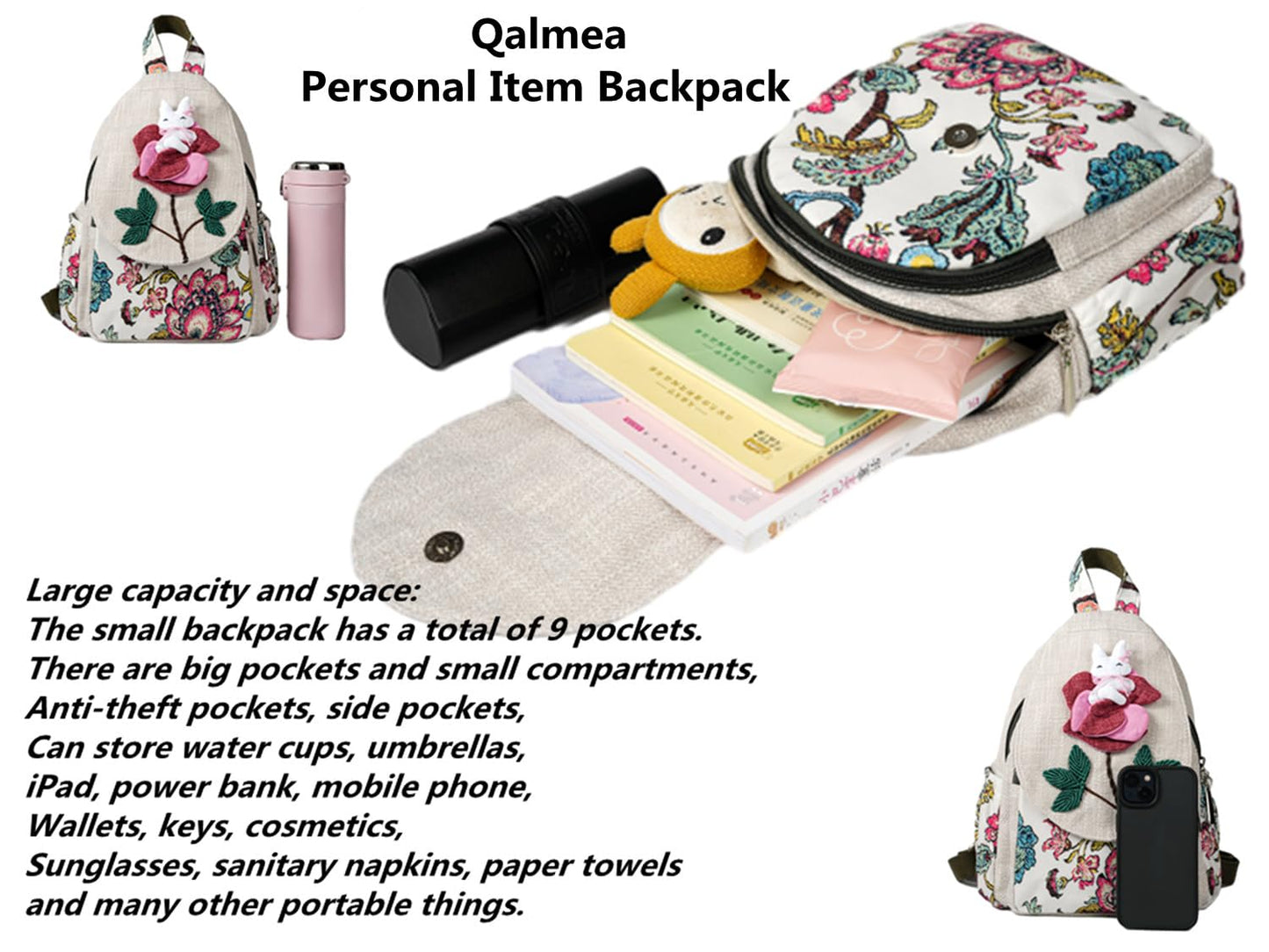 Qalmea Small Backpack for Women，Hippie Backpack Handmade Canvas Bags Casual Mini Handbag（Rabbit Pattern）