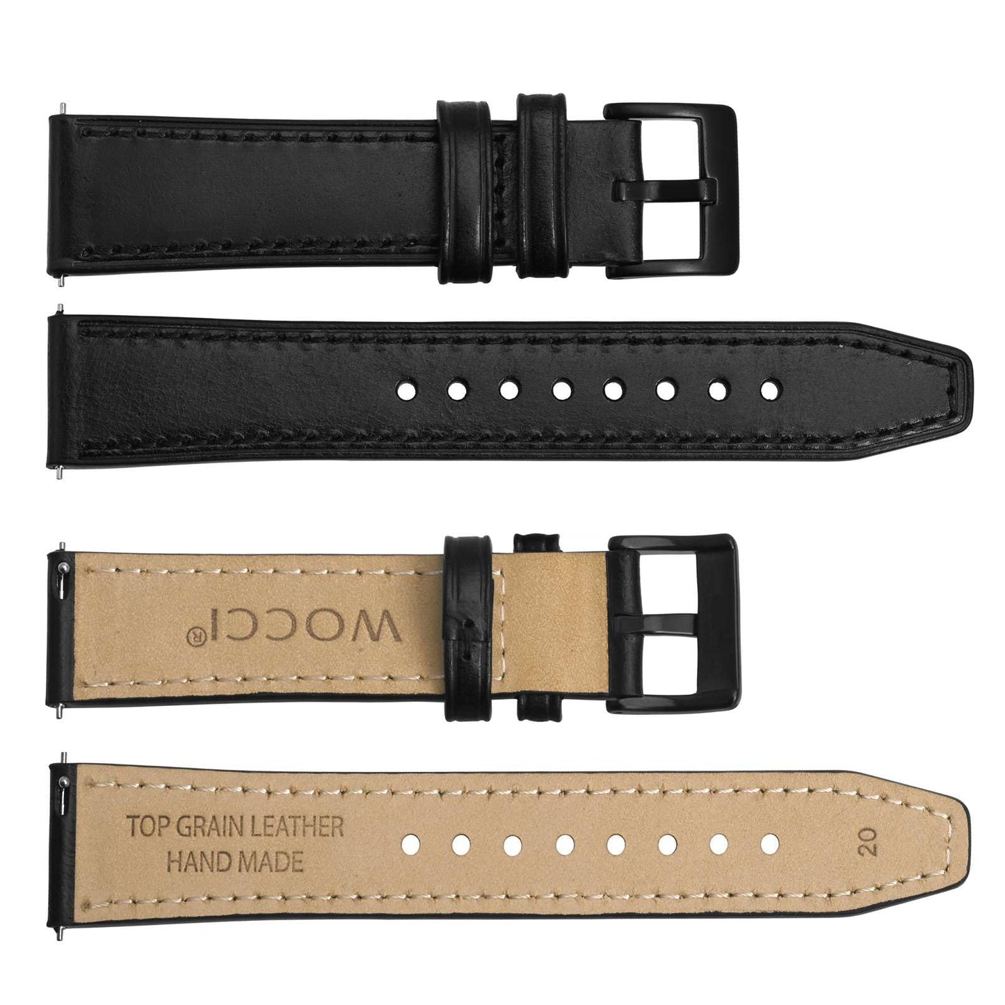 WOCCI 20mm Elite Watch Band, Top Grain Leather, Quick Release, Black Buckle (Black)
