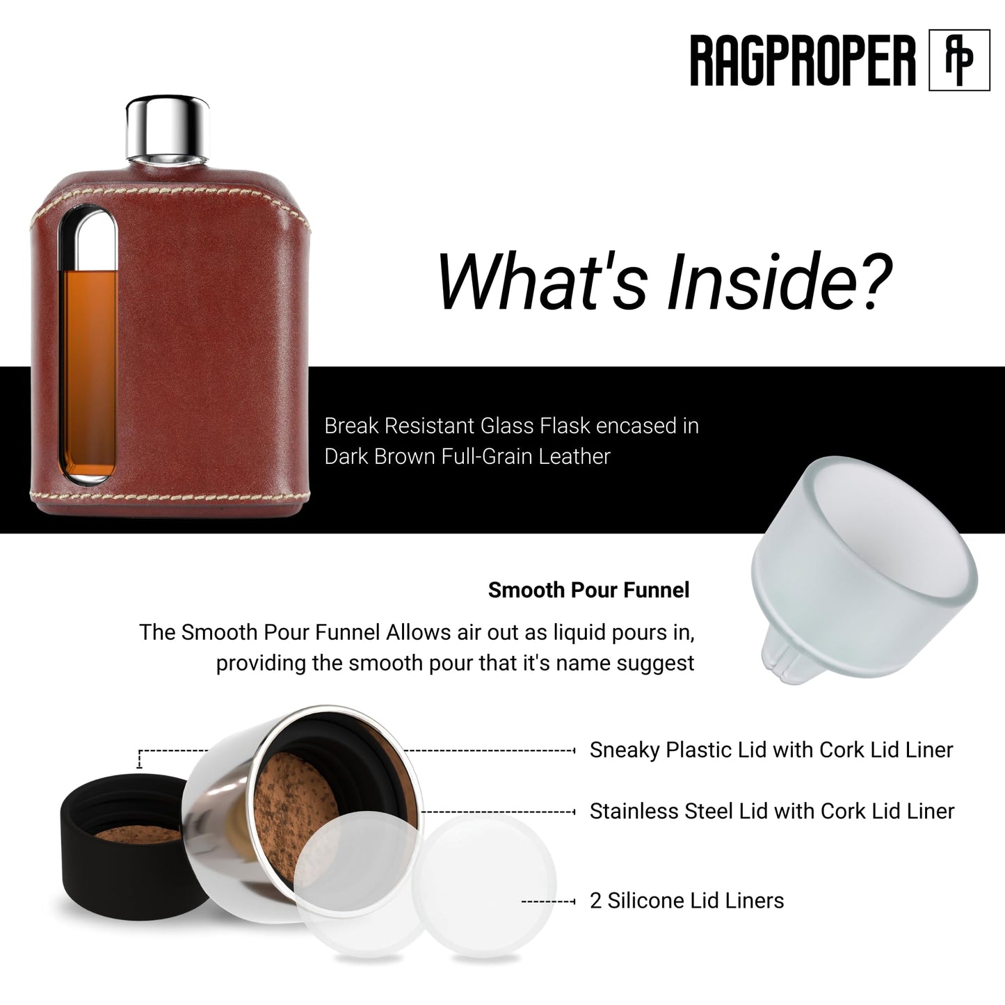 Ragproper Leather Glass Hip Flask for Men & Women – Modern Whiskey & Liquor Pocket Flask, Durable Genuine Leather Cover, Ideal Glass Flask – Single Shot 3.4oz (100ml), Dark Brown