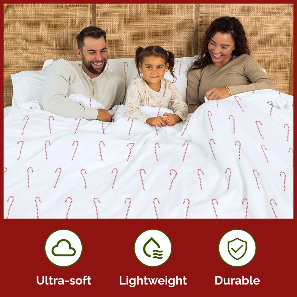 Christmas Duvet Cover Queen Size Set - Extra Soft Queen Duvet Cover with 2 Pillow Shams - Holiday Xmas Bedding with Zipper Closures & Ties - Comfy, Snug & Cozy Breathable Bed Set - 90 x 90, Candy Cane