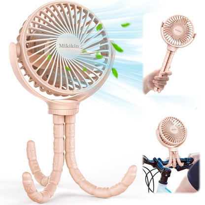 Portable Stroller Fan, Small Battery Powered Fan with Flexible Tripod Clip-on for Baby, USB Rechargeable Mini Handheld Desk Fan for Travel, Camping, Treadmill, Car Seat, Crib, Bike, Bedroom (Pink)