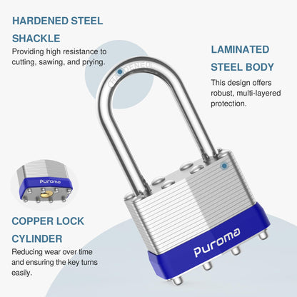 Puroma Lock 3 Pack Padlocks, 1-1/2” Long Shackle Heavy-Duty Locks with 6 Keys, 40mm Hardened Steel Keyed Alike Padlocks for Sheds, Gates, Fences, Toolbox, Outdoor and Indoor Use（Silver