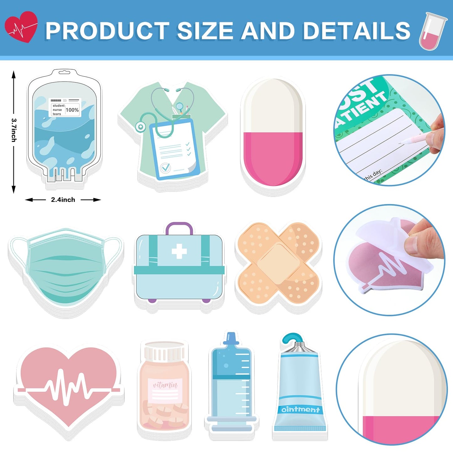 Janlaugh 40 Pcs Mini Funny Nurse Sticky Notes Cute Nursing Pens Set Nurse Pens with Medical Assistant Badge Supplies Nursing Essentials Gifts for Medical Hospital