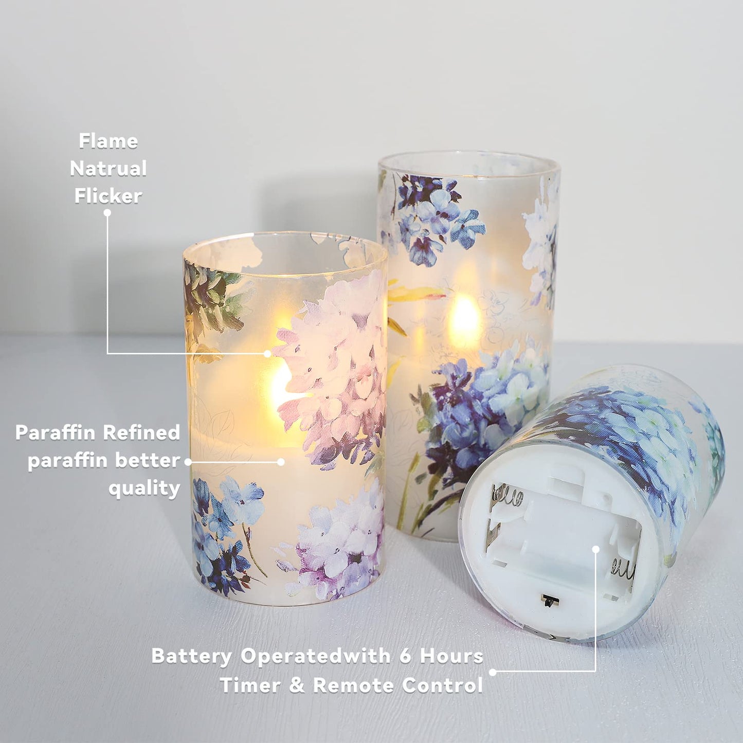 GORGE MOMENT Blue Violet Hydrangea Flameless Candles LED Flicker with Remote DIM Love Theme Summer Spring Decorative Glass Decor Wedding Date Proposal Dinner Table Home Gift for Lover