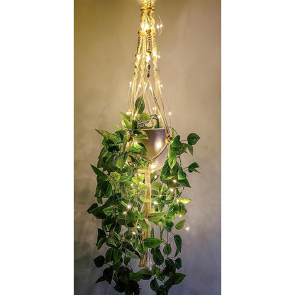 Macrame Plant Hanger with Lights Indoor Hanging Planter Basket with Wood Beads Flower Pot Holder Handwoven Cotton Rope Tassels for Boho Home Window Decor 43.5 Inch, Ivory (POTS NOT Included)
