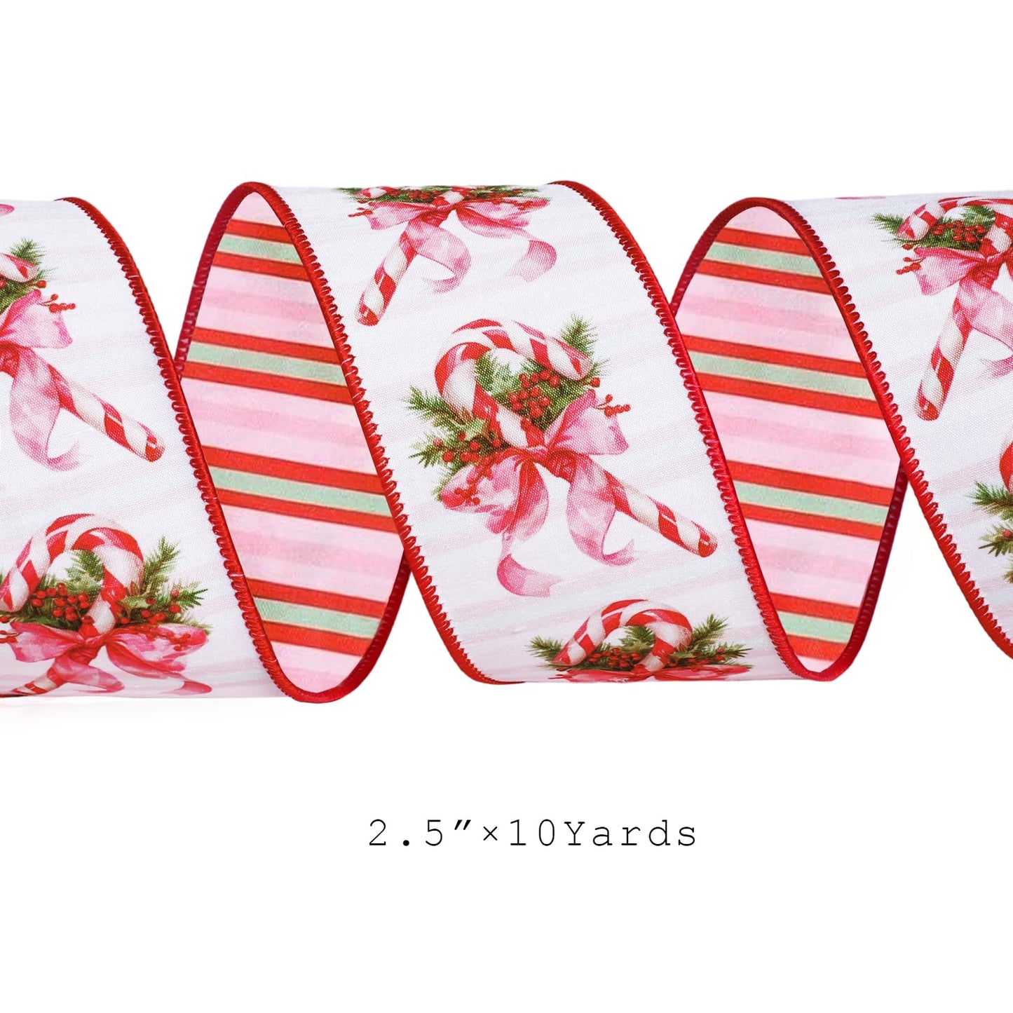 LaRibbons Christmas Ribbon Wired 2.5 Inch x 10 Yards, Candy Cane Ribbon with Pink Bow, Double Sided Christmas Tree Ribbon for Wreaths, Bows, Gift Wrapping, Holiday Decorations