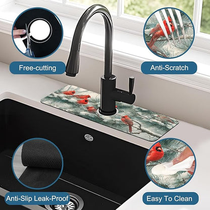 Winter Sink Faucet Absorbing Mat Cardinal Christmas Super Absorbent Fast Drying