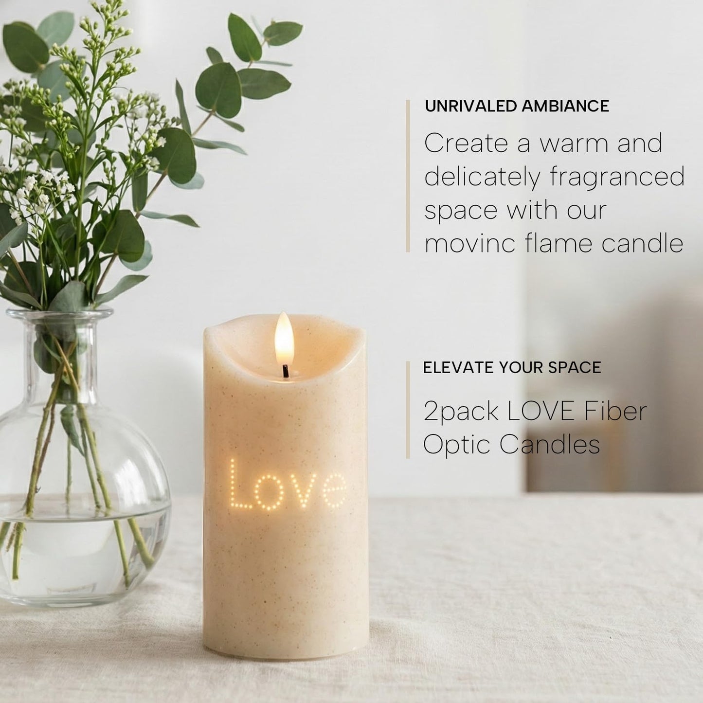 BAIRAYEN Love Flameless Candles 2-Pack, Fiber Optic Fake Candles with Timer, Warm White Battery Operated LED Lights 6" Tall for Wedding, Valentine, Anniversary, Christmas Table Decor
