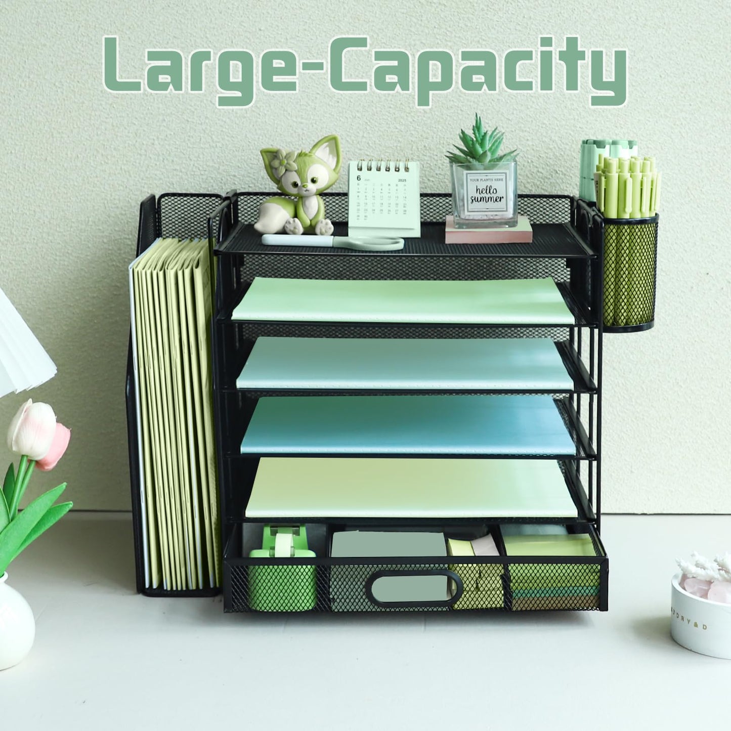 6 Tier Desk File Organiser with Extra Vertical File Sorter, Paper Letter Tray with Top Stationery Drawer Holder, A4 Paper Desktop Filing Trays, Magazine Document Holder for Home Office, Black