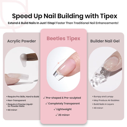 Beetles Tipex Gel Nail Kit, Medium Almond Nail Tips 224 Pcs 16 Sizes Pre-Building Pre-Etched Thick Acrylic Tips with Tipex Glue, Mini Lamp