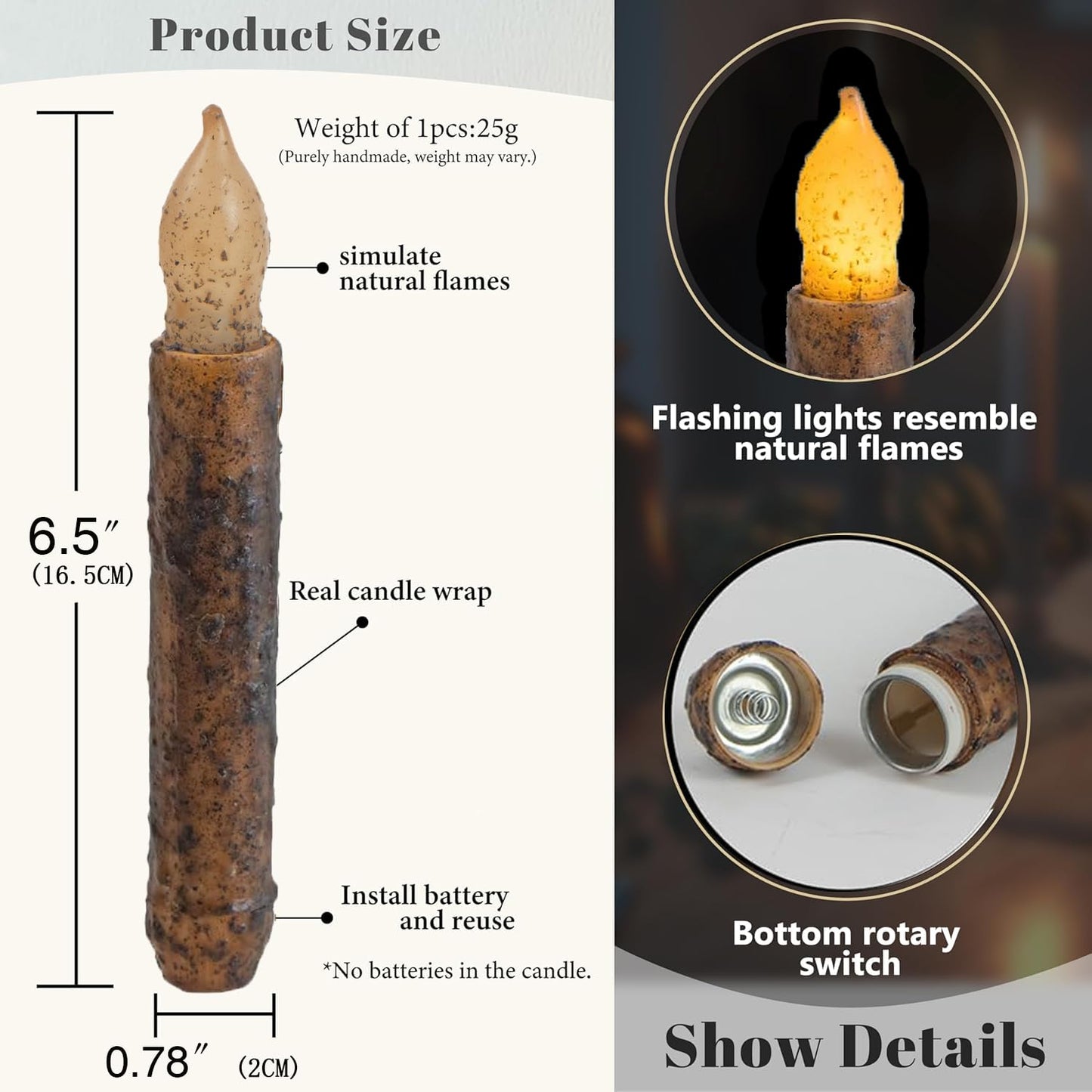 Aulaygo 6PCS Primitive Taper Candle with Timer Remote Control,Real Wax Hand Dipped Rustic Flameless Candles Battery Operated for Halloween Christmas Country Home Decor Church
