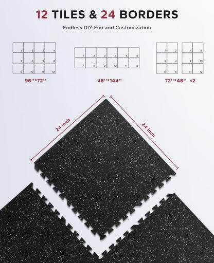HAPBEAR 0.56'' Thick 12 Pcs 48 Sq Ft Exercise Equipment Mats - High-Density Rubber Top EVA Foam Interlocking Mats, 24x24in Tiles, Heavy-Duty Treadmill Mat for Hardwood Floors, Home Gym Mat