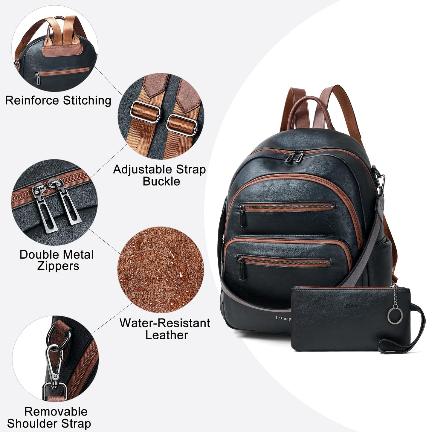 LATMAP Backpack Purse for Women Laptop Backpack, Leather Travel Backpack Shoulder Bag Teacher College Daypack Work Handbag fits 14" Laptop-Black with Brown