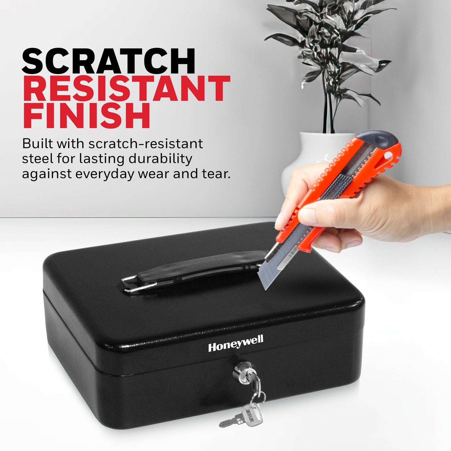 Honeywell Safes & Door Locks - Standard Small Cash Box with Removable Money Tray - Storage Under Tray & 5 Coin Slots - Durable Metal Safe with Key Lock - Saving Money Lock Box - Black, 0.14 CU - 6112