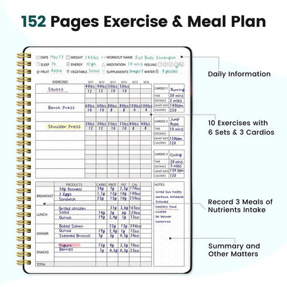 Fitness Journal for Women & Men, Food & Workout Journal Planner Log Book with Measuring Tape, Undated Wellness Planner to Track Weight Loss, Muscle Gain, Home Gym Exercise, Daily Nutrition, 9.5" x 7"
