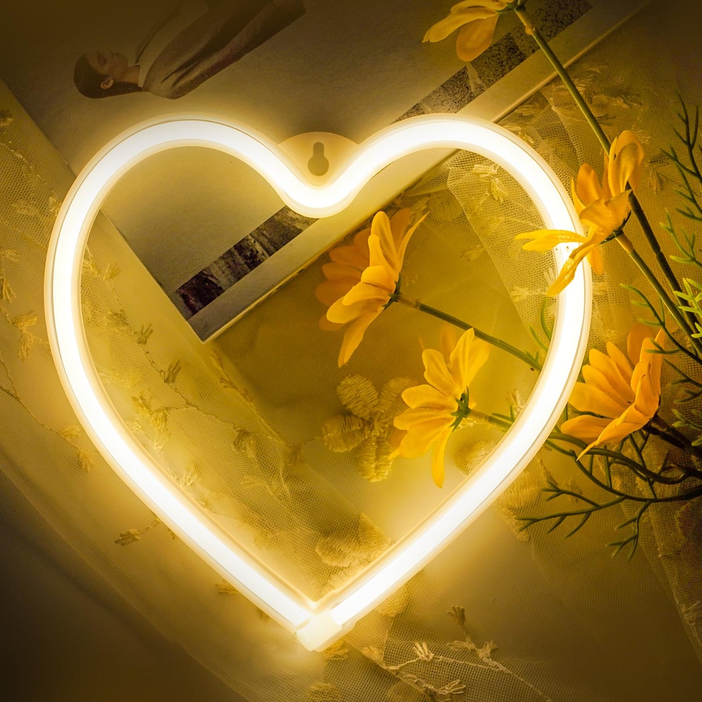 1-Pack Heart Neon Sign, Neon Heart Lights Battery Operated or USB Powered, LED Valentines Decoration Light for Valentines Day Wedding Proposal Anniversary Mothers Day Girl's Room Decor (Warm White)