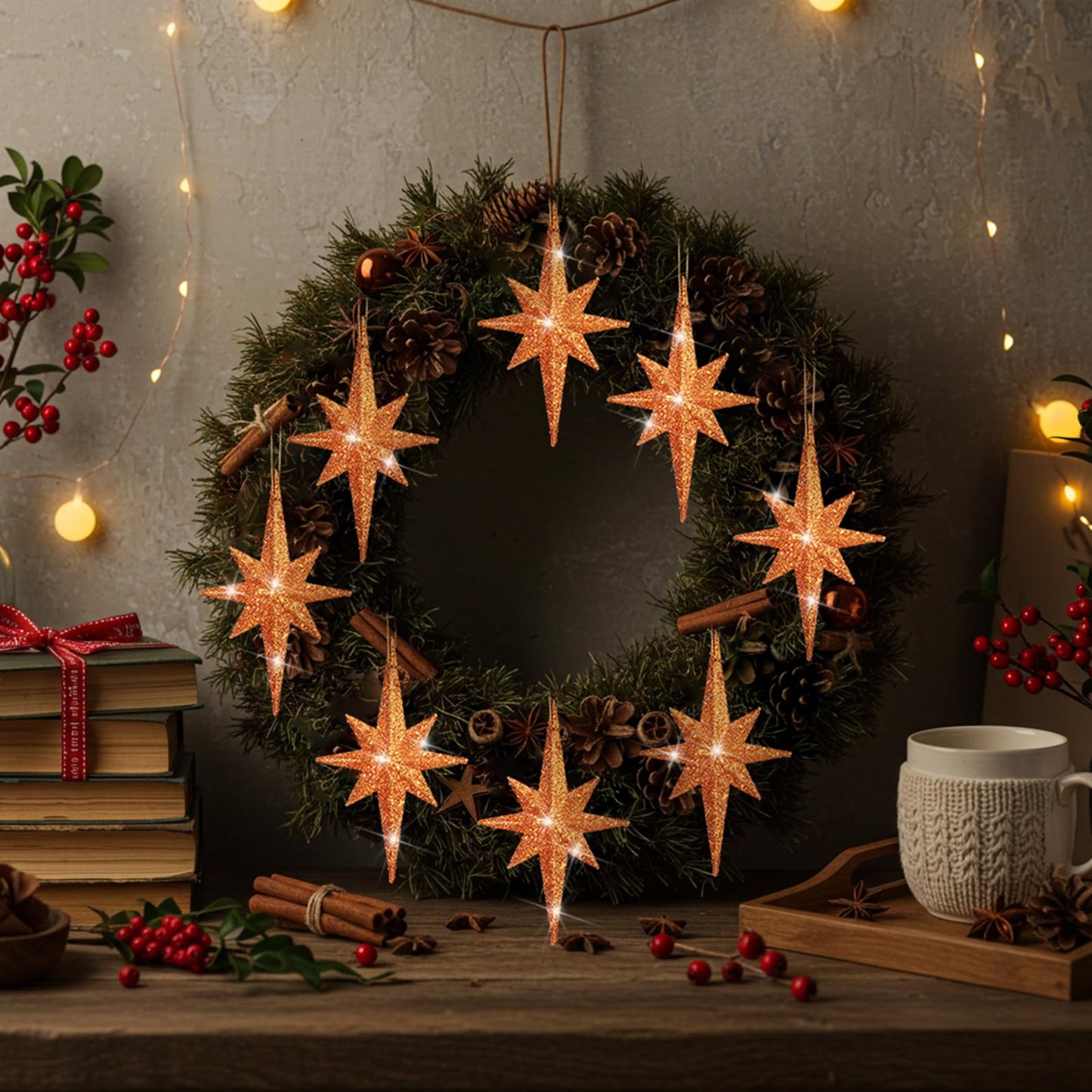 Quzzil 12 Pcs Christmas Bethlehem Star Bronze Ornament 4.72 x 2.95 Inch Star of Bethlehem Christmas Tree Topper Glitter Ornament Plastic Nativity Stars Hanging Decor Accessories