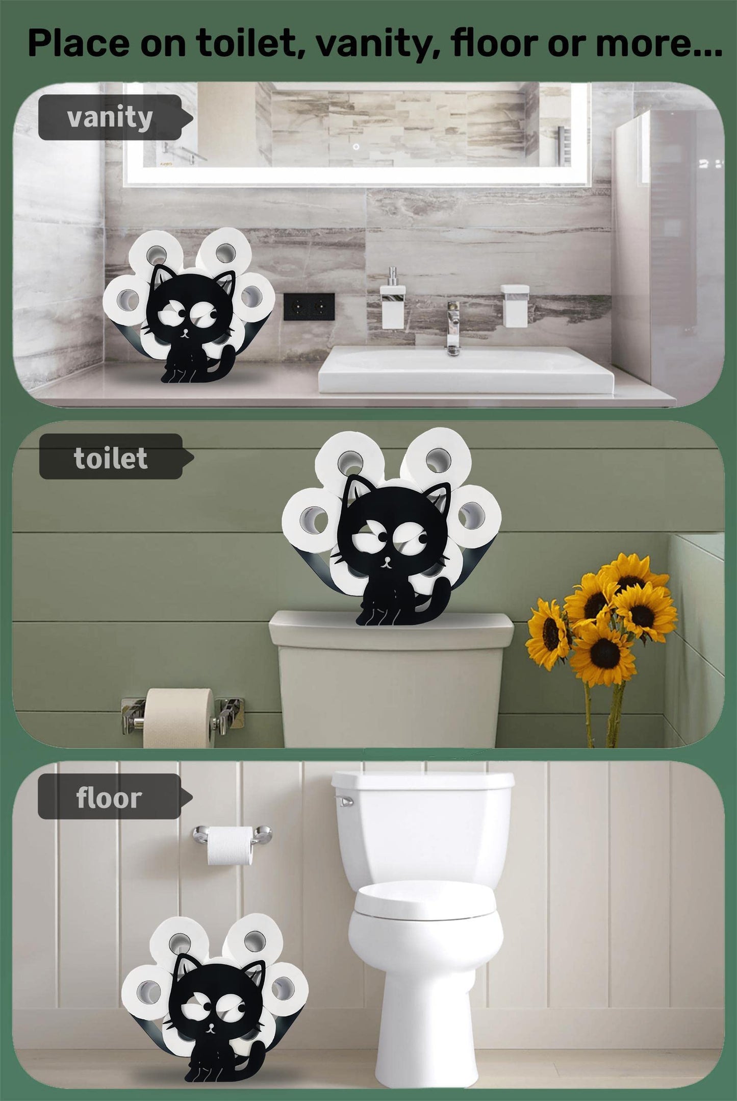 Euiroet Funny Cat Toilet Paper Holder - Freestanding Metal Animal Storage for Bathroom - Black Home Decor Organizer Holds Extra 8 Rolls