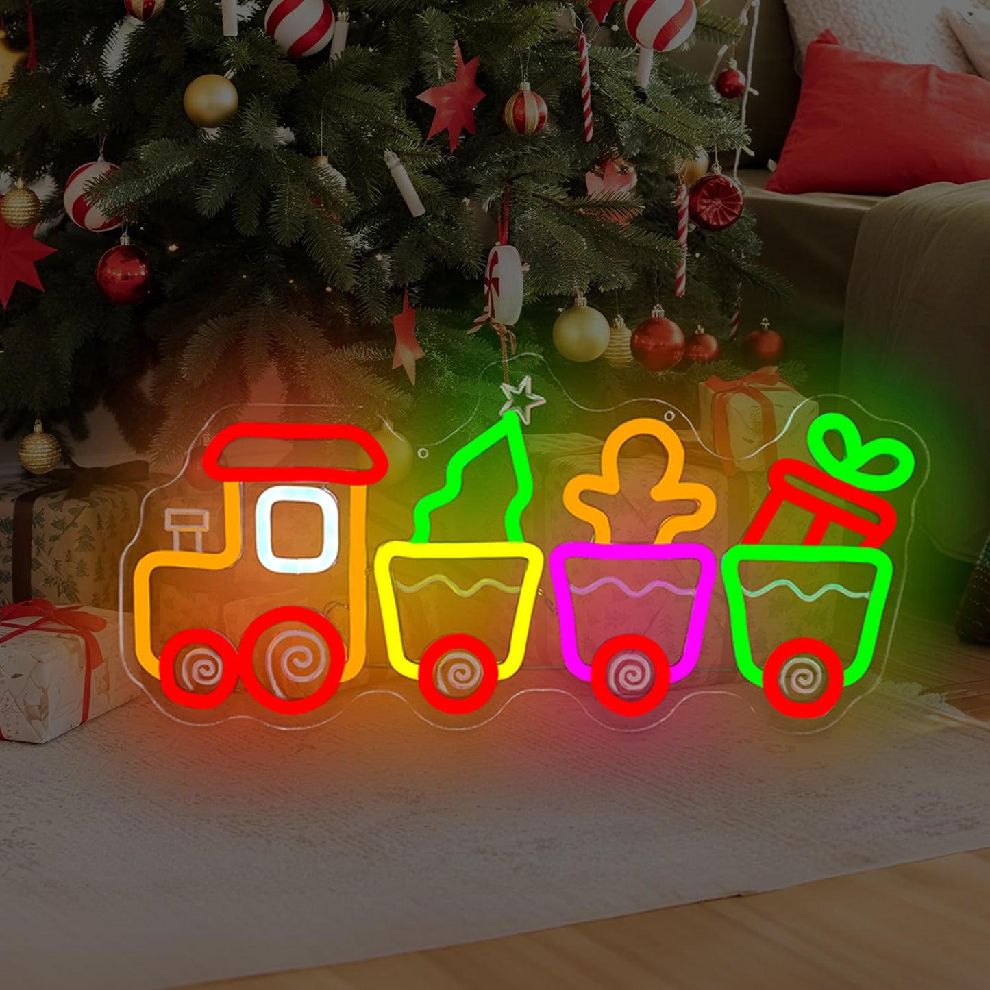hhuohuona Christmas Train Neon Sign Gingerbread Train Led Sign Neon Christmas Lights Dimmable Light Up Sign Holiday Led Wall Decor for Home Cute Xmas Gift for Kids