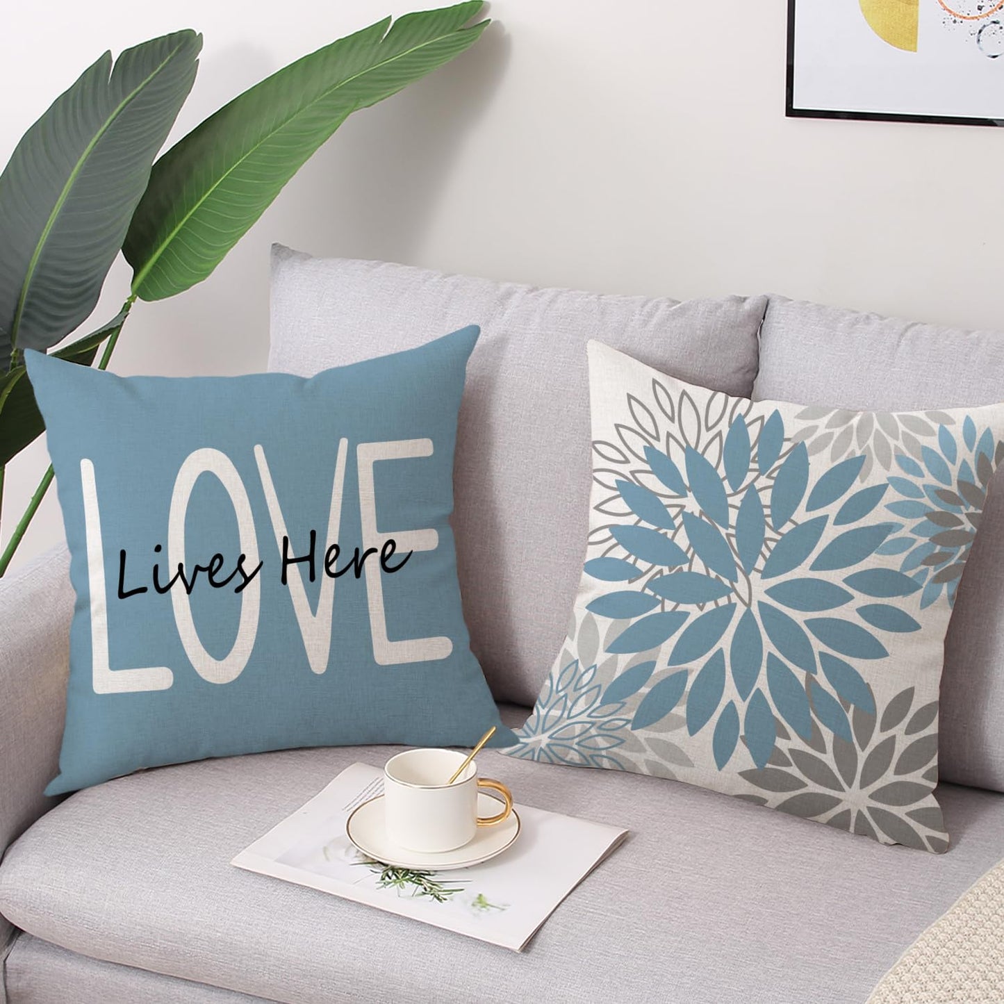 Coeufuedy Blue Outdoor Waterproof Throw Pillow Covers 18 x 18 Set of 4 Floral Geometric Bless Our Home Love Lives Here Decorative Cushion Case for Patio Furniture Bedroom Sofa Couch