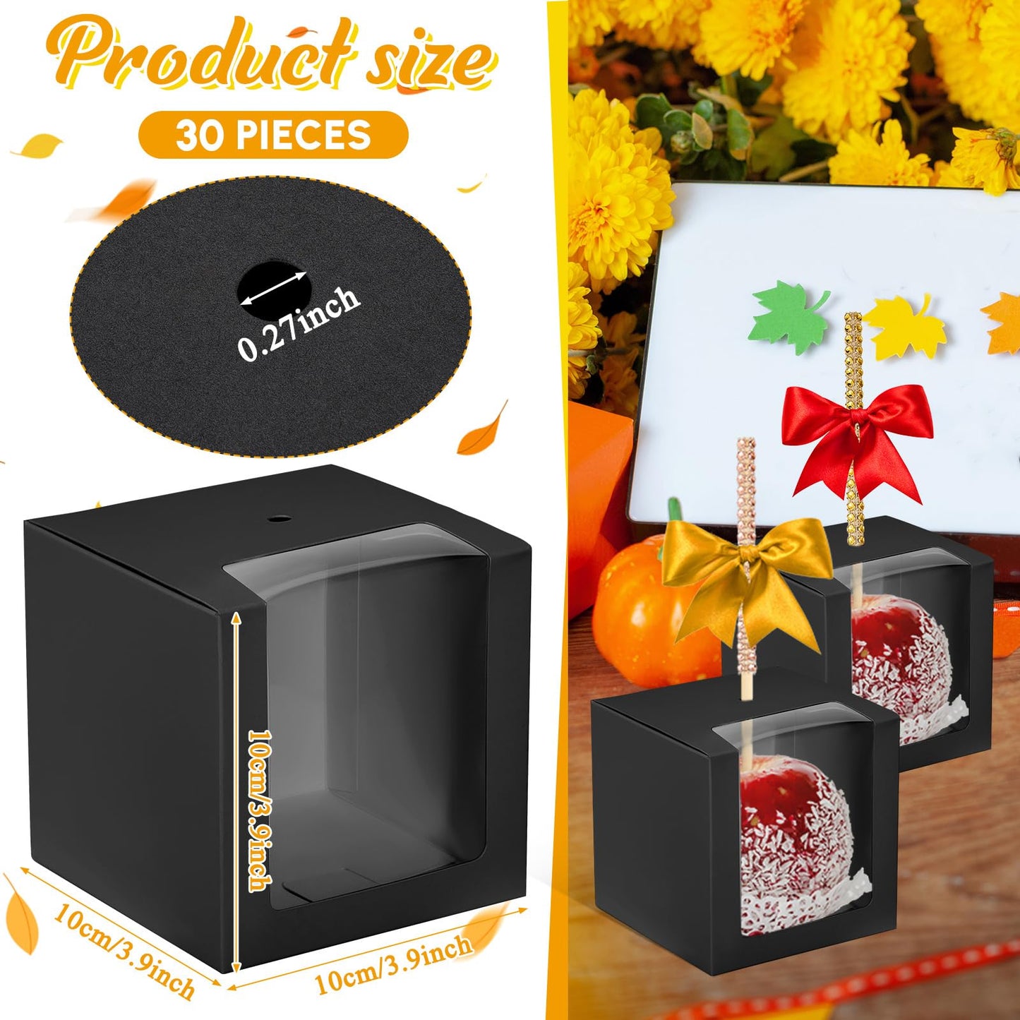 Juexica 30 Pcs Candy Apple Boxes with Hole 4 x 4 x 4 Inch Caramel Apple Container Treat Gift Boxes for Wedding Birthday Party Chocolates Cookies Cake Pops (Black)
