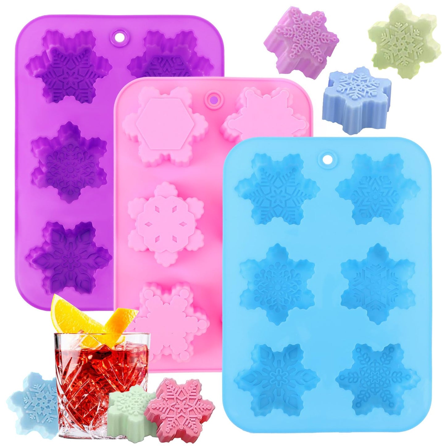 Snowflake Molds, 3Pcs Christmas Silicone Cake Trays 3D Snowflake Cookie Soap Reusable Non Stick Chocolate Molds for Christmas Muffin Jelly Ice Cube Making Winter Party Home Decorations