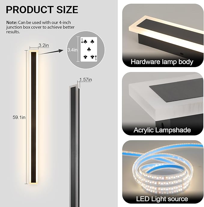 59 Inch Modern Outdoor Wall Light, Dimmable 3000K-6000K Linear Exterior Wall Sconce Ip65 Waterproof Black LED Long Outdoor Wall Mount Lights for House Garage Patio Porch
