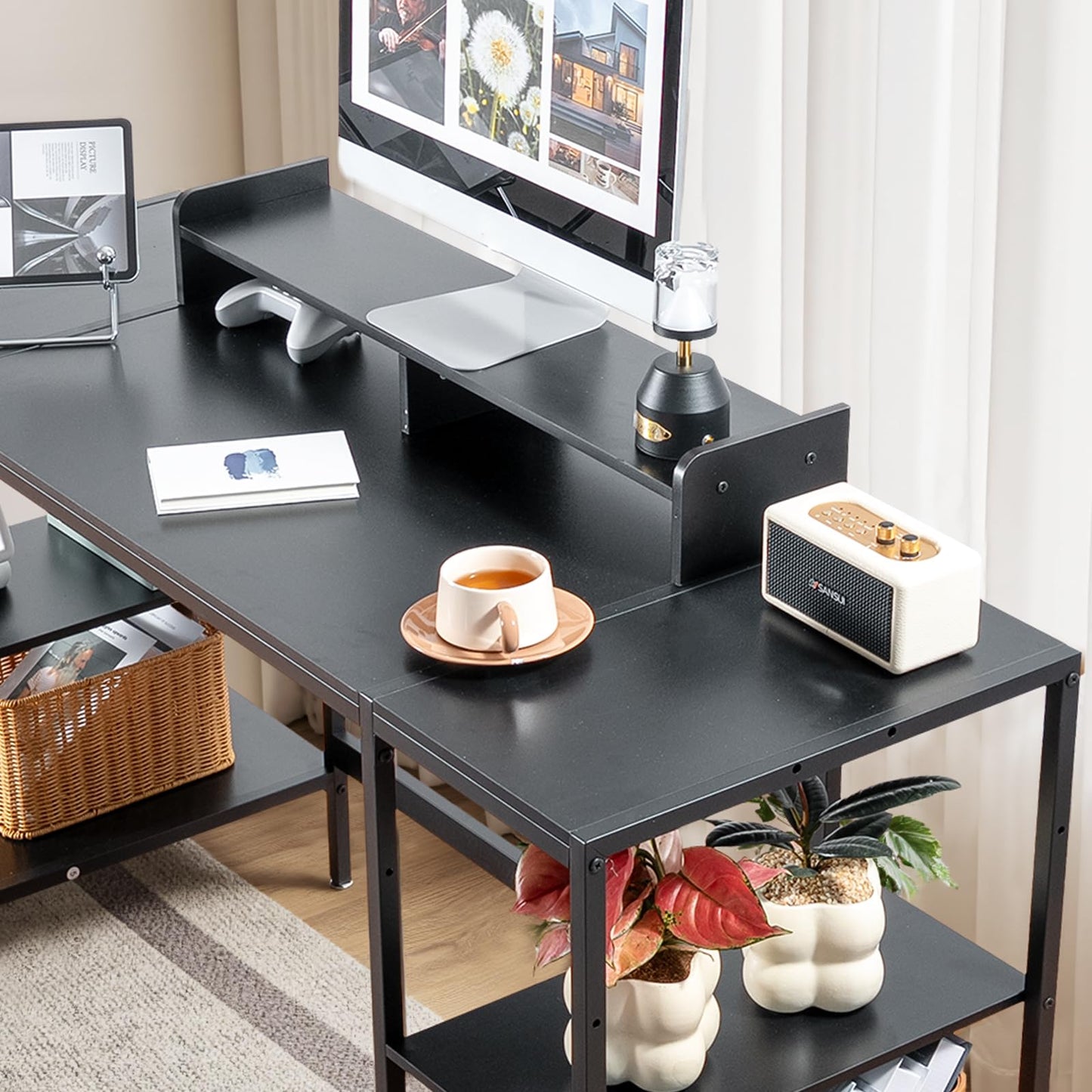 MINOSYS Computer Desk 55-inch with Storage Shelf - Black Ideal Gaming Desk for Bedrooms, Small Spaces, and Home Offices Modern Writing Desk for PCs.
