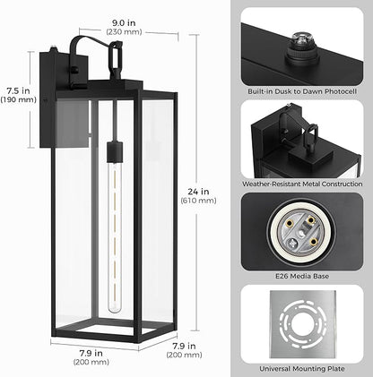 L LOHAS LED 2 Pack 24 Inch Large Size Dusk to Dawn Outdoor Light Fixture, Matte Black Waterproof Anti-Rust Porch Lights Ourdoor, Exterior Lighting Fixtures for Porch, Doorway, Garage, ETL Listed