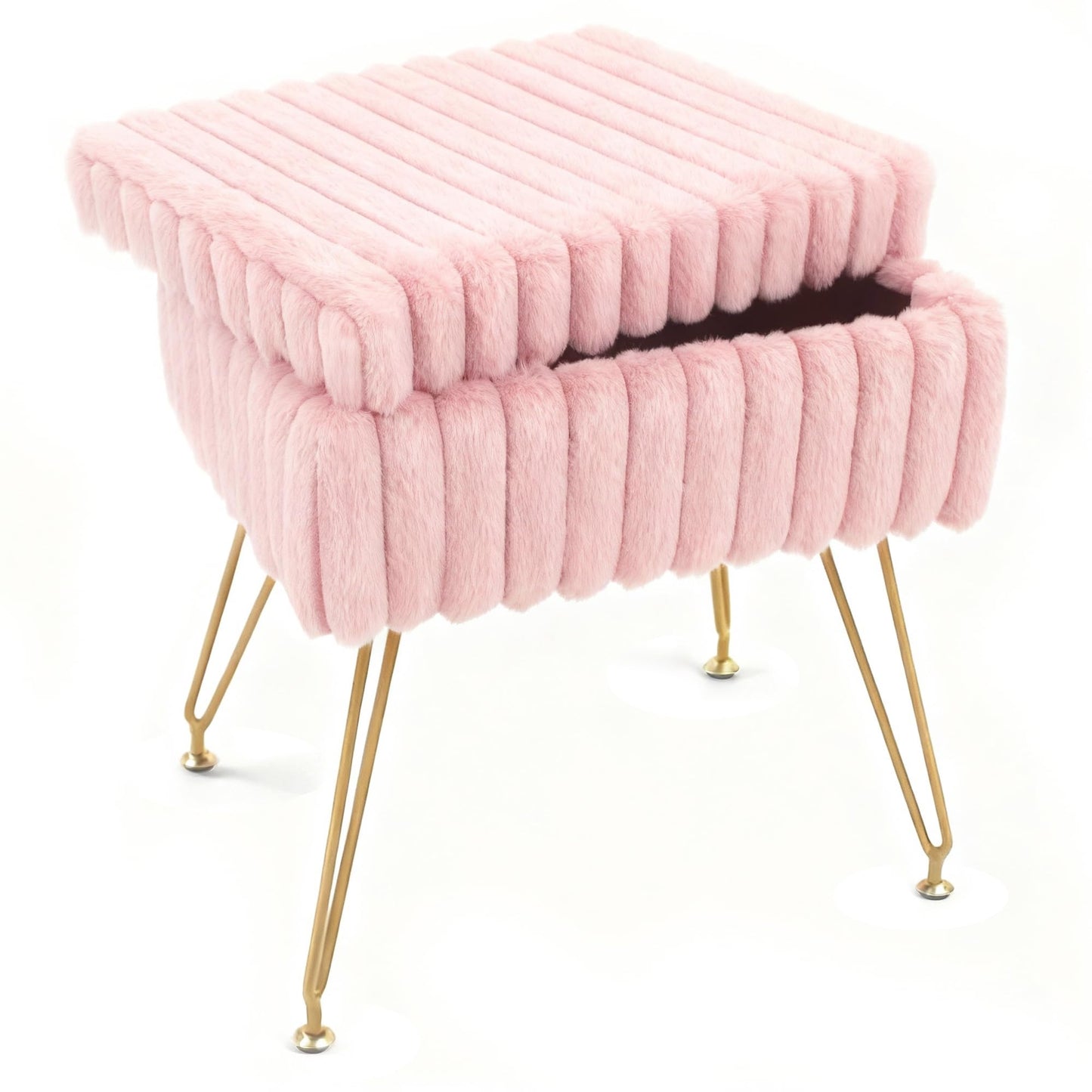 xupersodys Vanity Stool Chair with Storage, Faux Fur Soft Padded Ottoman with Coffee Table, Modern Vanity Chair Fluffy Footstool with Metal Legs for Makeup, Living Room,Bedroom Pink