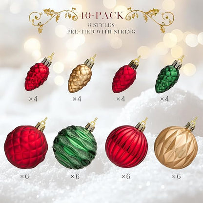 JORNOY Christmas Tree Ornaments - 2.36inch/60mm Shatterproof Ornaments for Christmas Tree Set Plastic Decorative Hanging Balls Ornaments for Xmas Tree Decorations, 40ct (Red & Green & Gold)