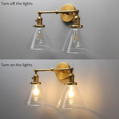 PERMO Double Sconce Vintage Industrial Gold 2-Lights Wall Sconces with Funnel Flared Glass Clear Glass Shade Antique Scocne for Bathroom Living Room Home Office