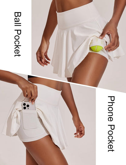 PINSPARK Golf Skorts Skirts for Women Flowy White Tennis Skirt Built in Shorts Pleated Active Skort with Pockets S