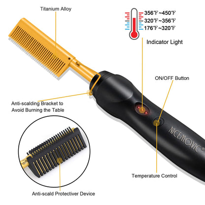 NICEMOVIC Ceramic Heating Hair Straightener Comb - Hot Pressing Brush for Natural Black Hair, Beard Wigs, and Curling (Gold)