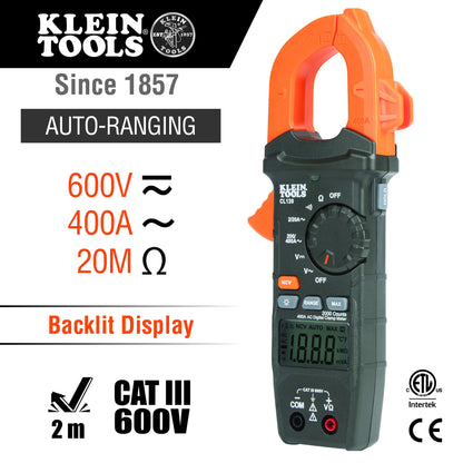 Klein Tools CL120 Digital Clamp Meter, Auto-Ranging 400 Amp AC, AC/DC Voltage, Resistance, Continuity, Non-Contact Voltage Tester Detection