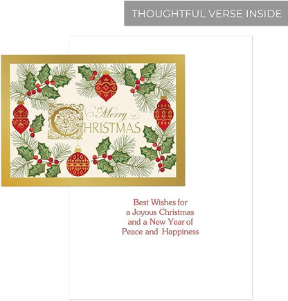 Masterpiece Antique Ornament Christmas Cards / 15 Festive Evergreen Holly Holiday Card Set With Foil Accents And White Envelopes / 5 5/8" x 7 7/8" Winter Greeting Cards With Inside Verse