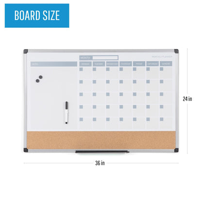 MasterVision Magnetic Dry Erase Monthly Calendar Planner Push Pin Corkboard Combo with Marker Tray, 24" x 36", Gray Plastic Frame, White, MB0707186P