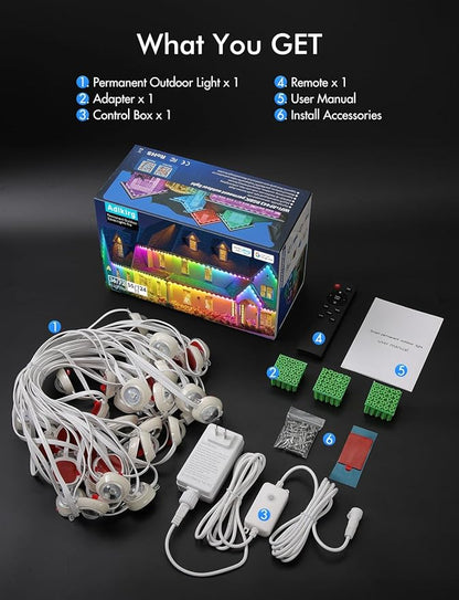 Permanent Outdoor Lights, RGB+IC Christmas Lights Outdoor with 51 Scene Modes, 124ft with 72 LED Outside Light for House, IP67 Waterproof , Work with Alexa, Google Assistant, Quick Installation