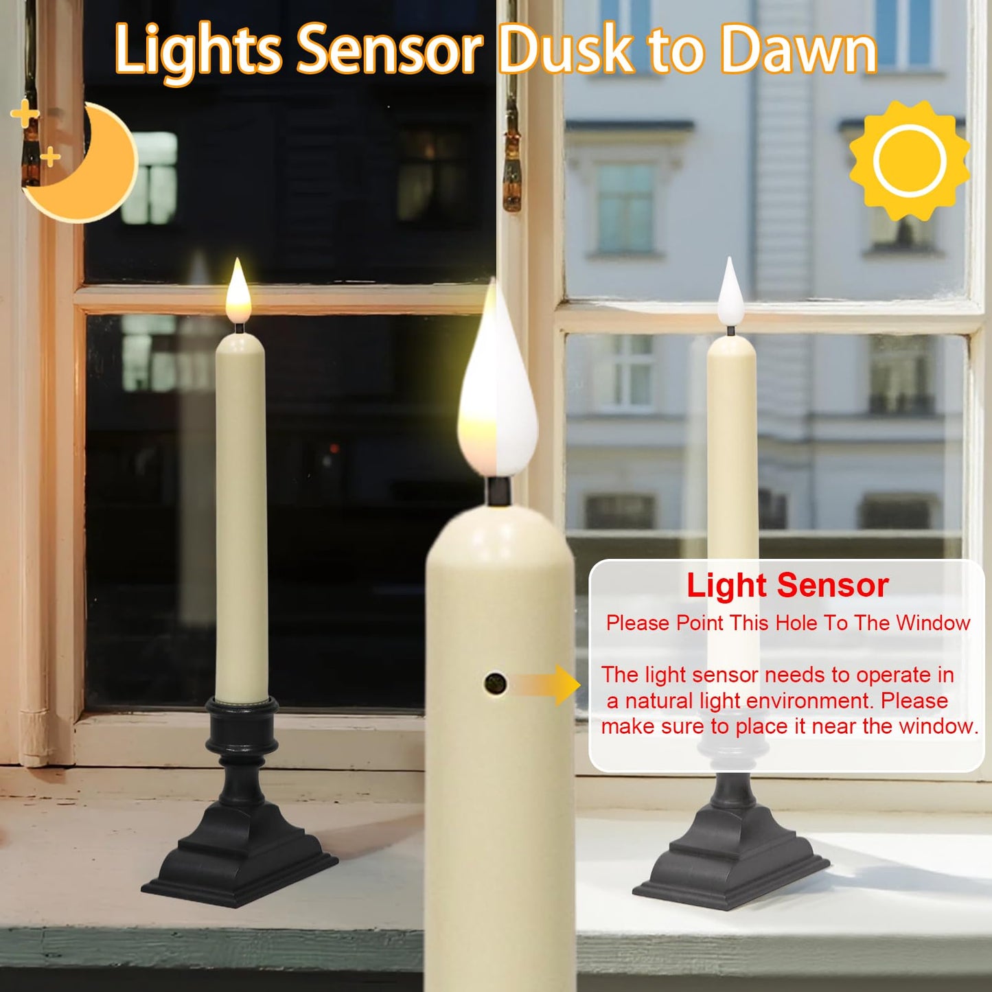 KunSwenn Window Candles with Sensor Dusk to Dawn, Christmas Battery Operated Window Candles with Black Holder and Suction Cup, LED Flameless Taper Candlesticks for Home Decorations (Ivory, Set of 6)