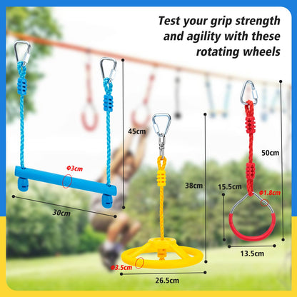 VECKYJL Ninja Warrior Obstacle Course Attachments - 7 Monkey Rings, 2 Monkey Bars, 2 Ninja Wheel, Backyard Obstacle Course Set Accessories for Backyard Outdoor Training