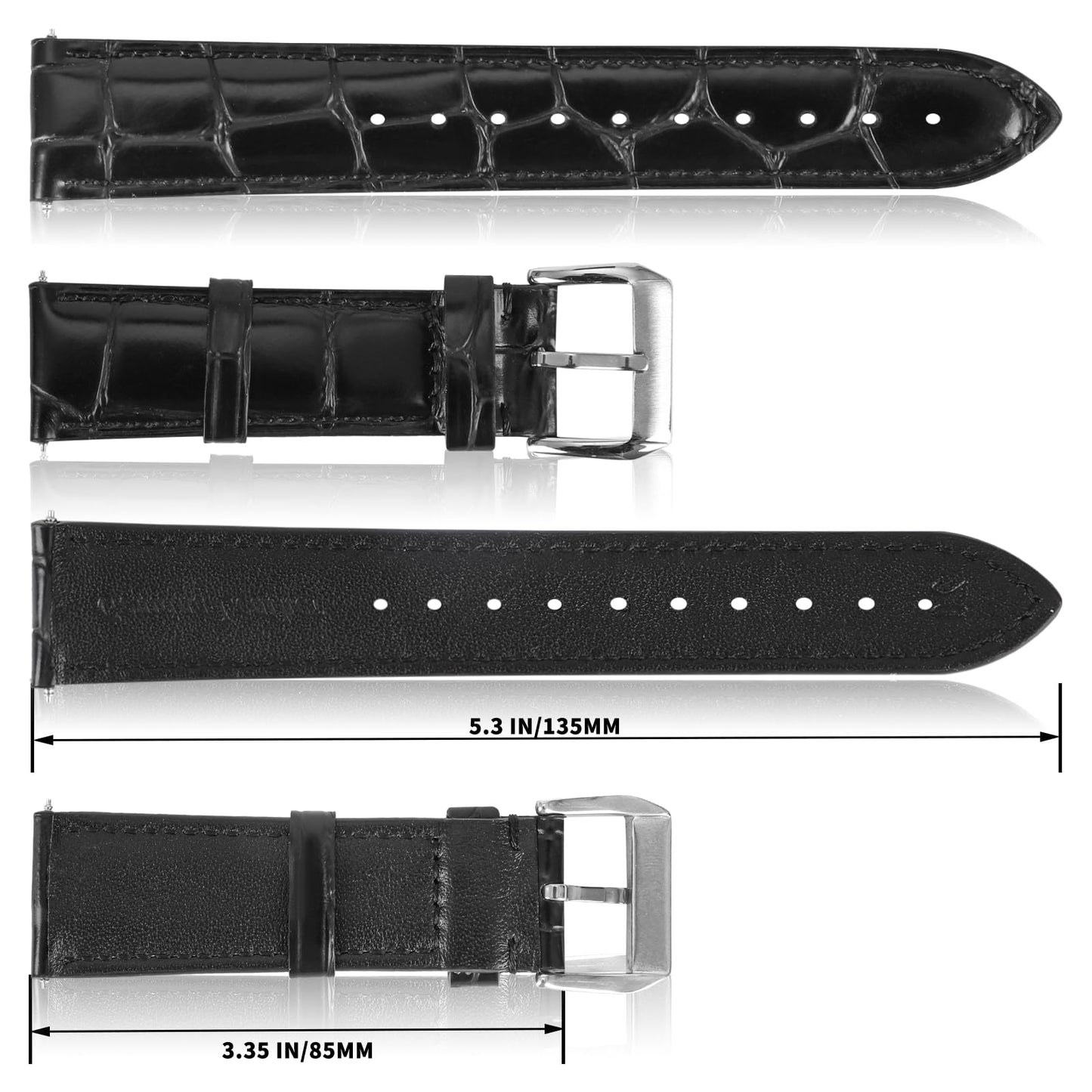 Vellsar XL Genuine Leather Watch Band 21mm Watch Straps for Large Wrist - Extra Long Adjustable Replacement Straps, Alligator Grain Embossed Watchband (Black)
