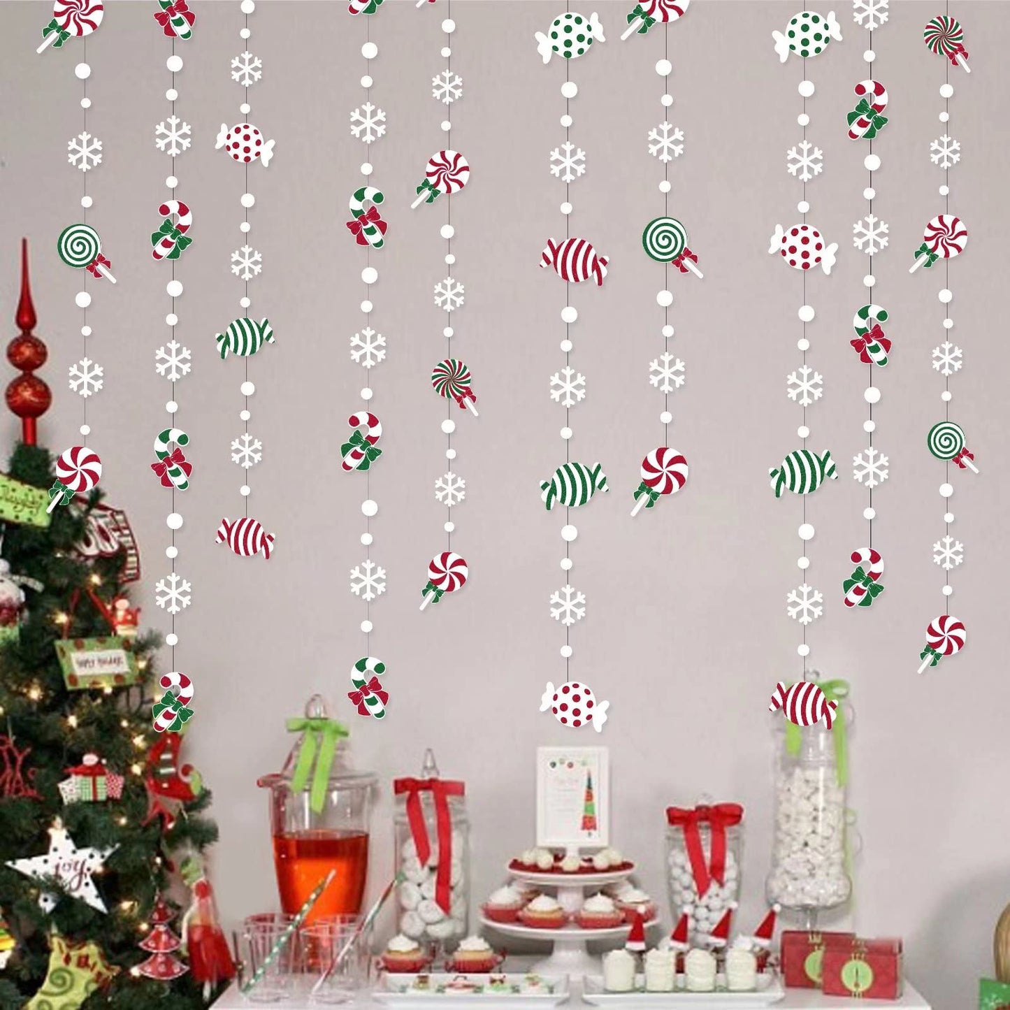 52 Ft Candyland Christmas Decorations Garland Red Green Sweet Candy Cane Lollipop White Snowflake Dot Glitter Paper Hanging Streamer Banner for Merry Christmas Winter Holiday Xmas Party Supplies